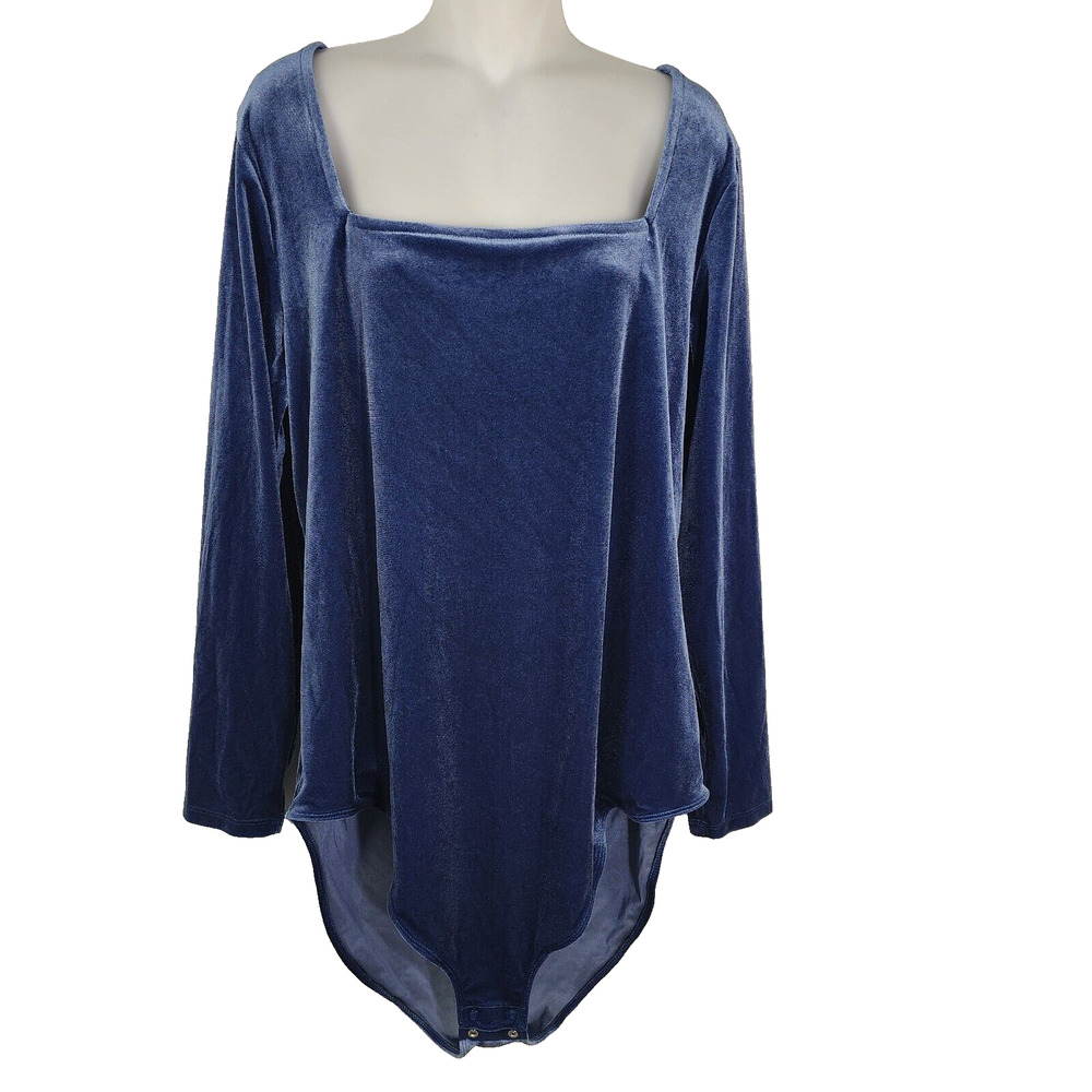 Old Navy Women's Bodysuit 3X Square Neck Velvet Obscure Night Blue Long Sleeve